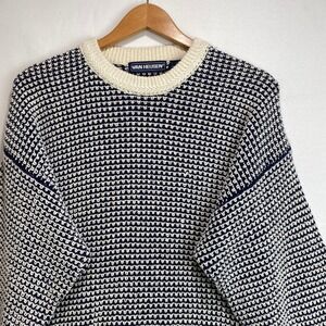 VTG Van Heusen Men Medium Navy Blue Cream Birdseye Heavy Knit Ramie Cotton Sweat
